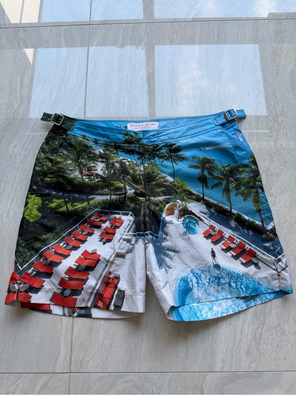 Orlebar Brown Blue Tropical Resort Print Swim Shorts with Red Lounge Accents